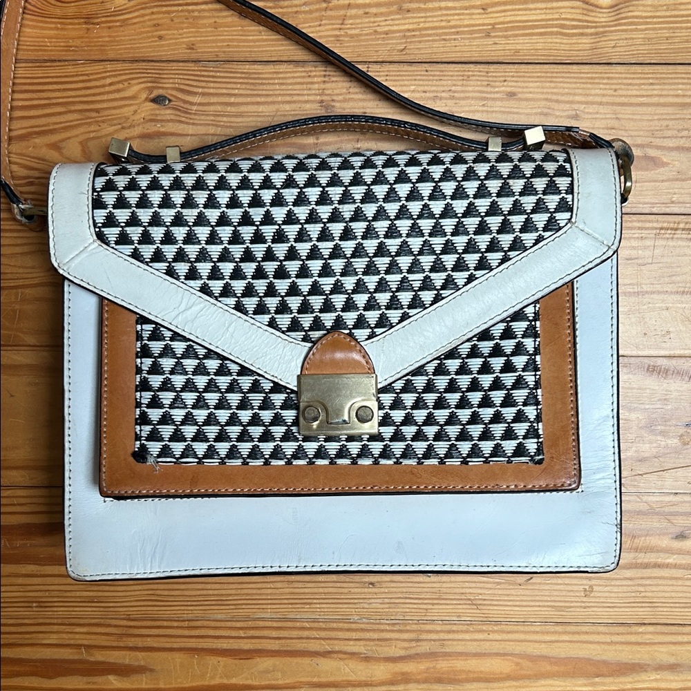 LOEFFLER RANDALL rattan rider bag FLAP PURSE geometric black and white